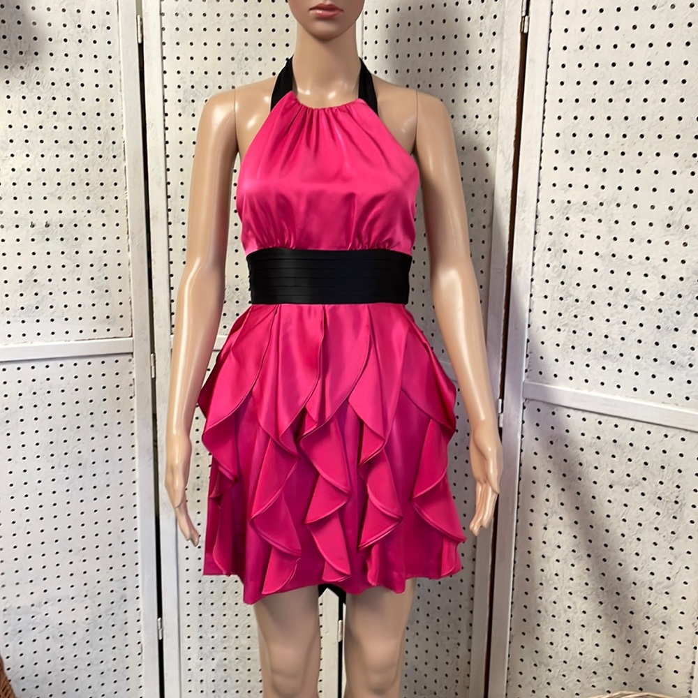 BCBGMaxAzria Hot Pink and Black Backless Halter Ruffle Dress